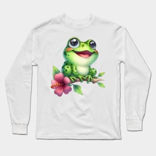 Cute Tree Frog And Hibiscus Flower Long Sleeve T-Shirt